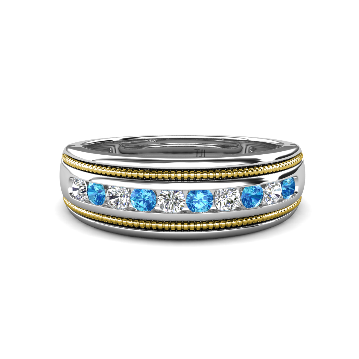 Zaid 0.50 ctw Round Natural Diamond and Blue Topaz Two Toned and High Polished Edges Men Wedding Band (8 mm) 